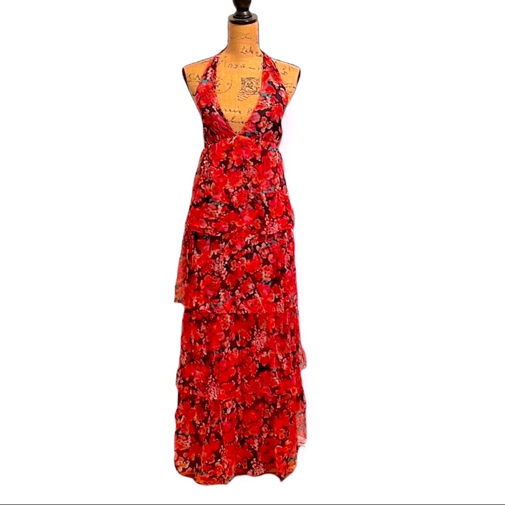 Truth and Pride Maxi Silk Floral Tiered Red Fuchsia Halter Dress. Size XS